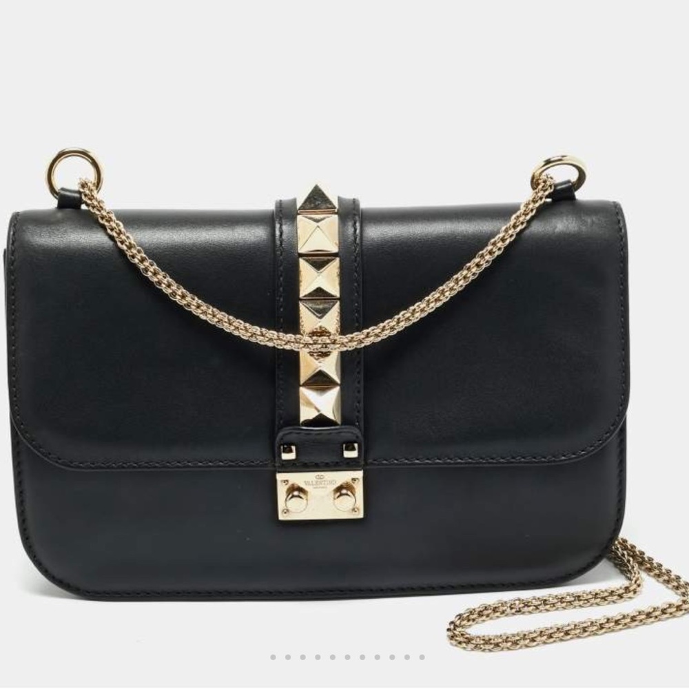 Valentino Black Leather Glam Lock Rockstud Medium Bag